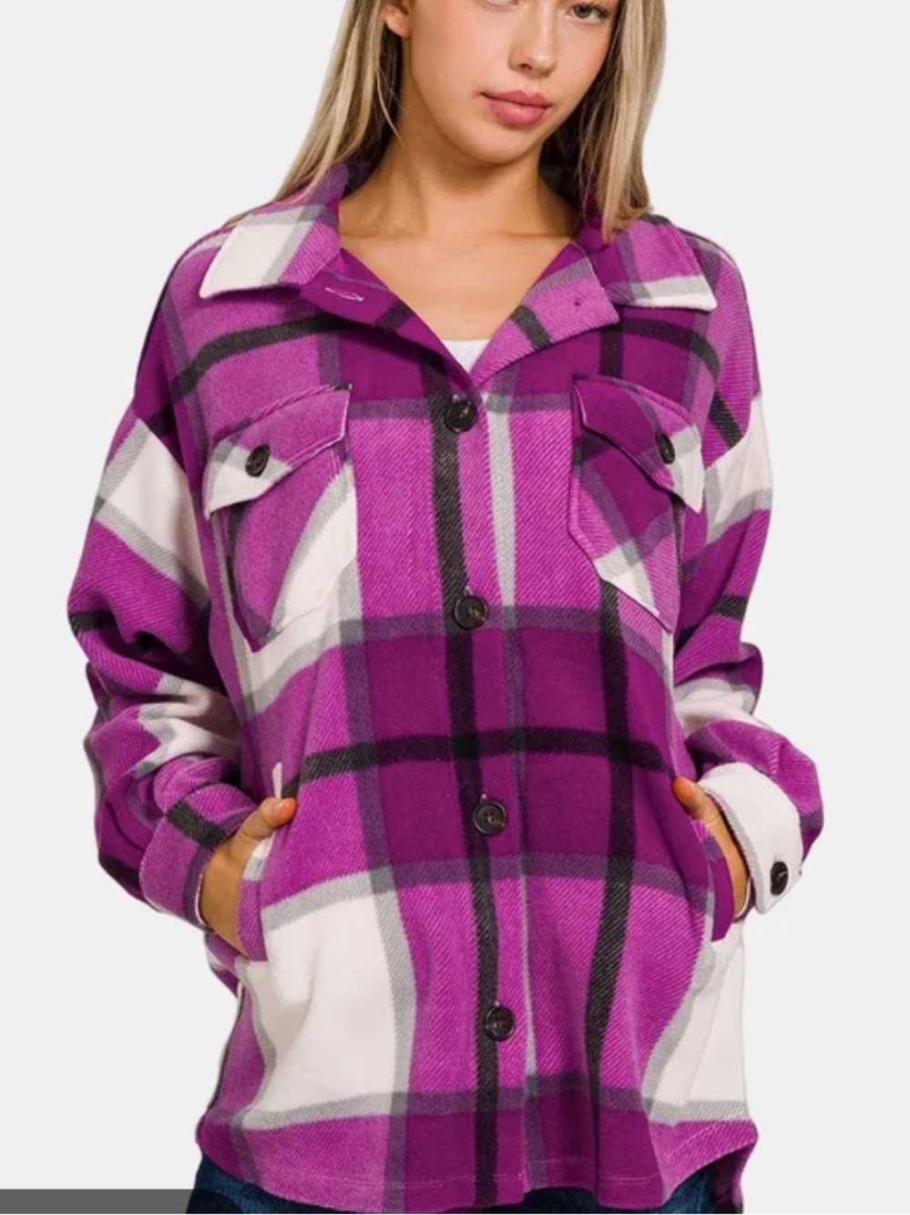 Zenana Outfitters Purple & White Plaid Button-Front Teddy Shacket